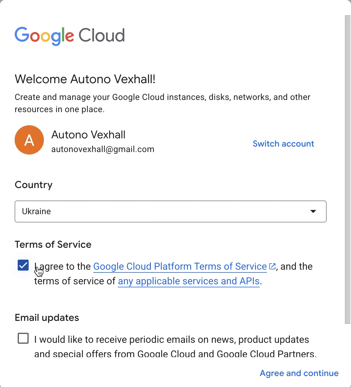 Google Cloud Console - Agree and contiinue