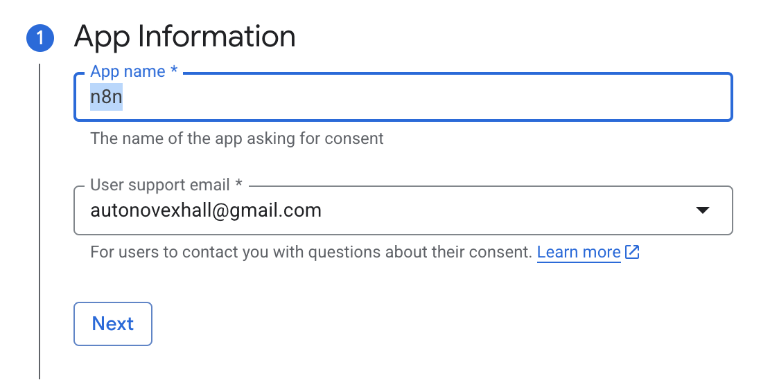 Google Cloud Console - App information