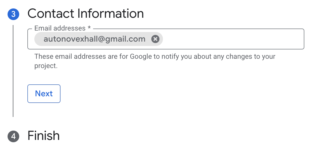 Google Cloud Console - Contact information and Finish