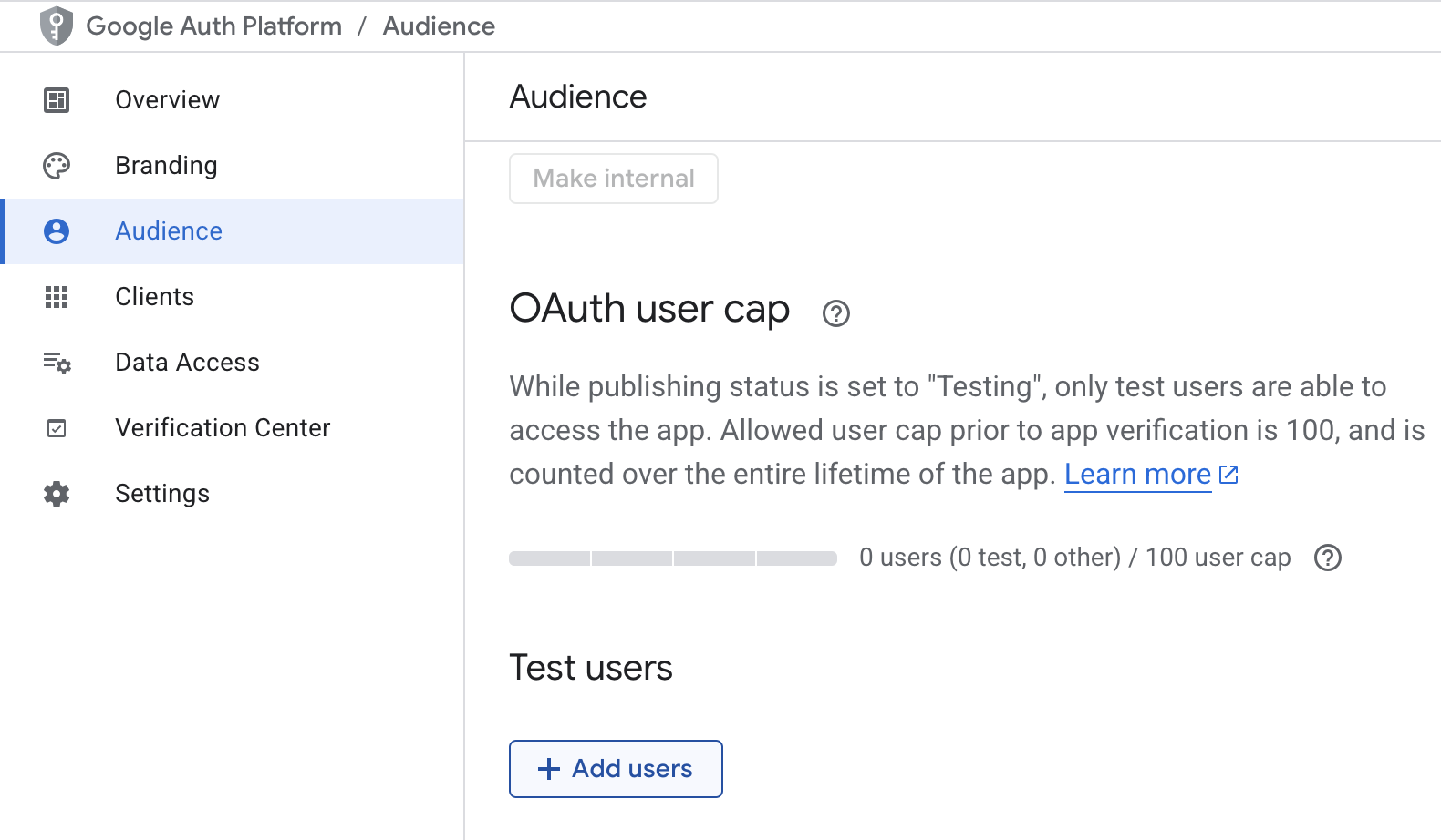Google Cloud Console - Add test user