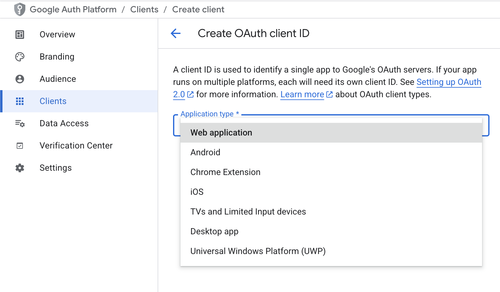 Google Cloud Console - Create Client, Web Application