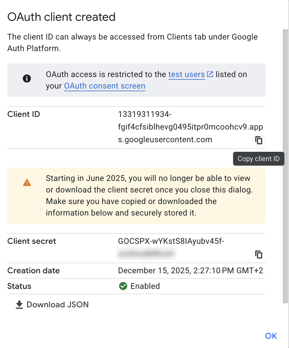 Google Cloud Console - Copy and Save client id and client secret