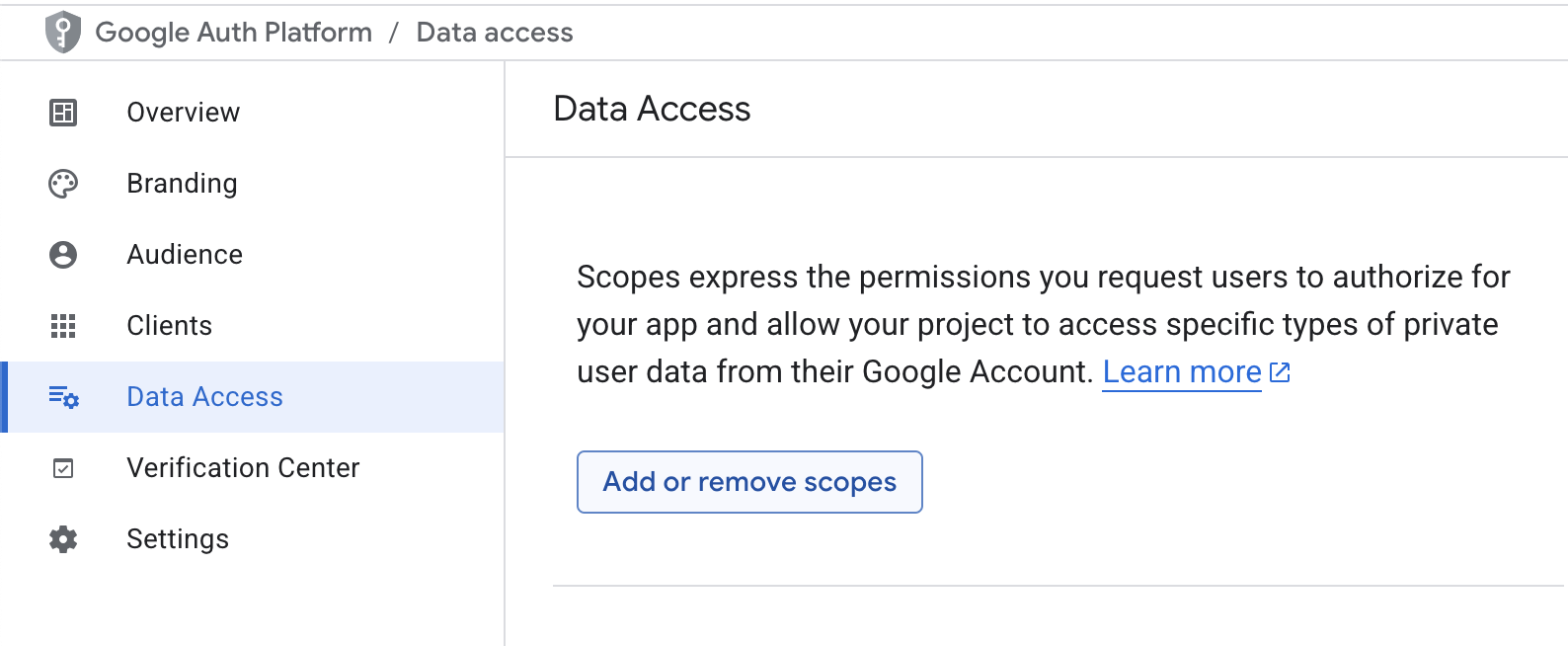 Google Cloud Console - Add or remove scopes