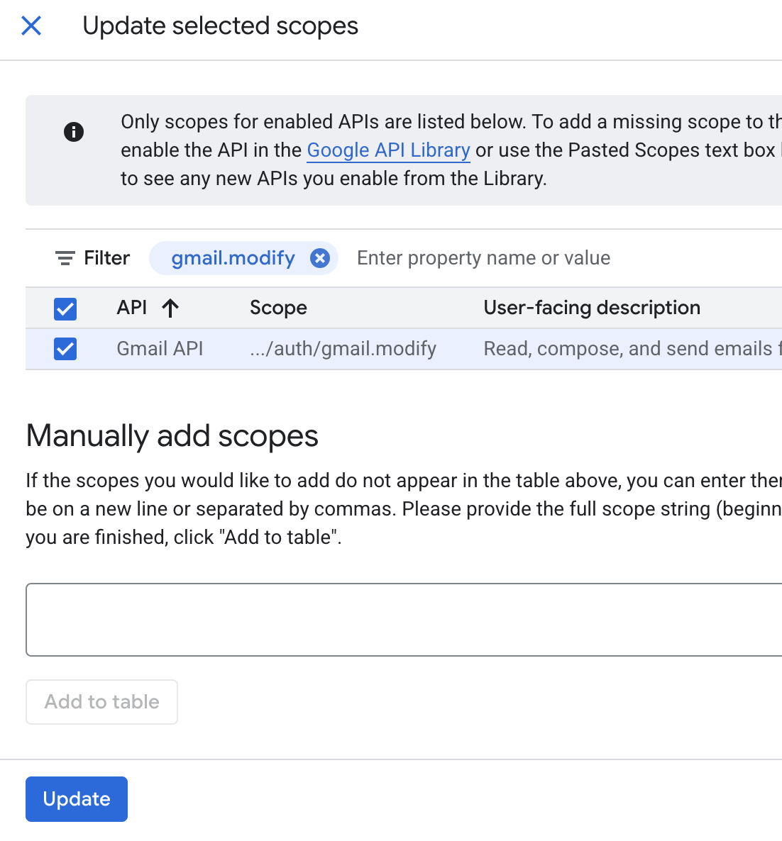 Google Cloud Console - Add gmail.modify scope
