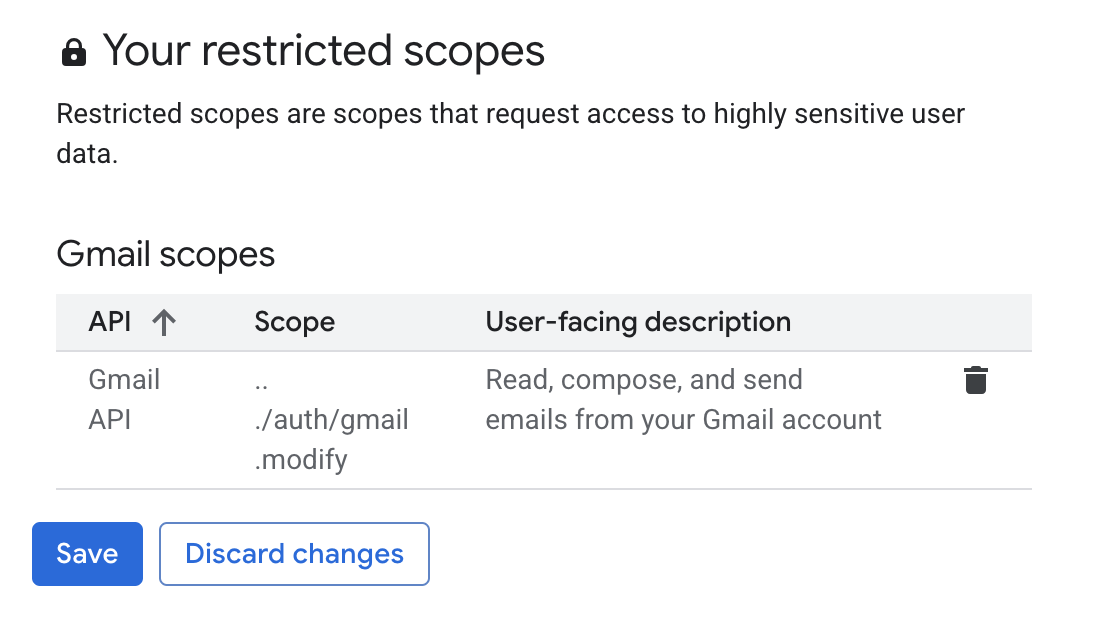 Google Cloud Console - Save scopes