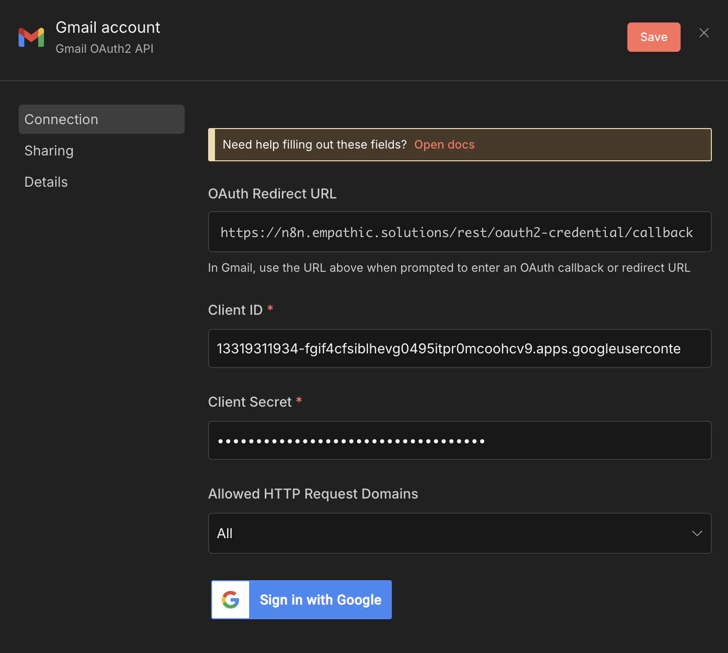 N8N - Fill in client id and secret