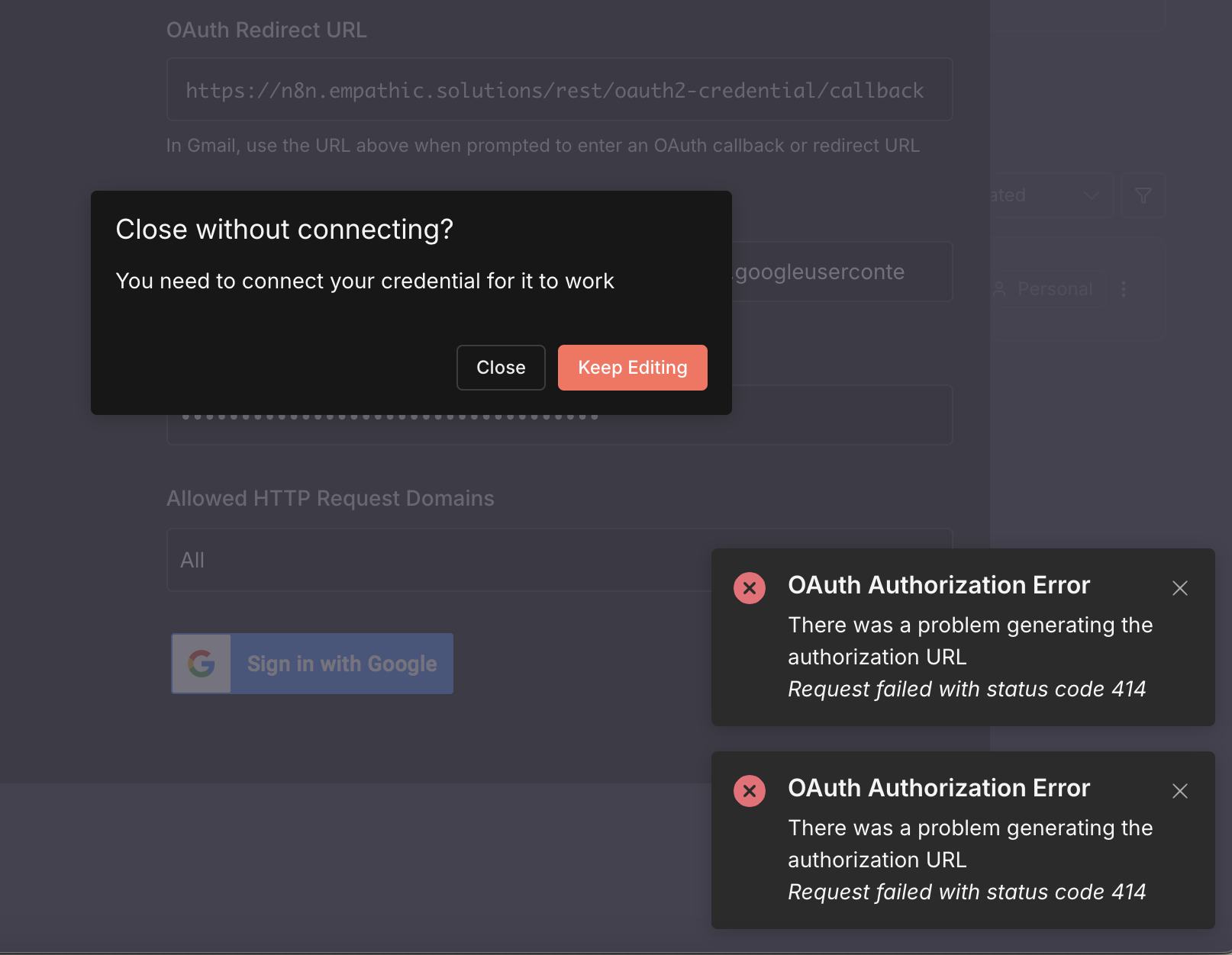 N8N - Close before Signing in with Google